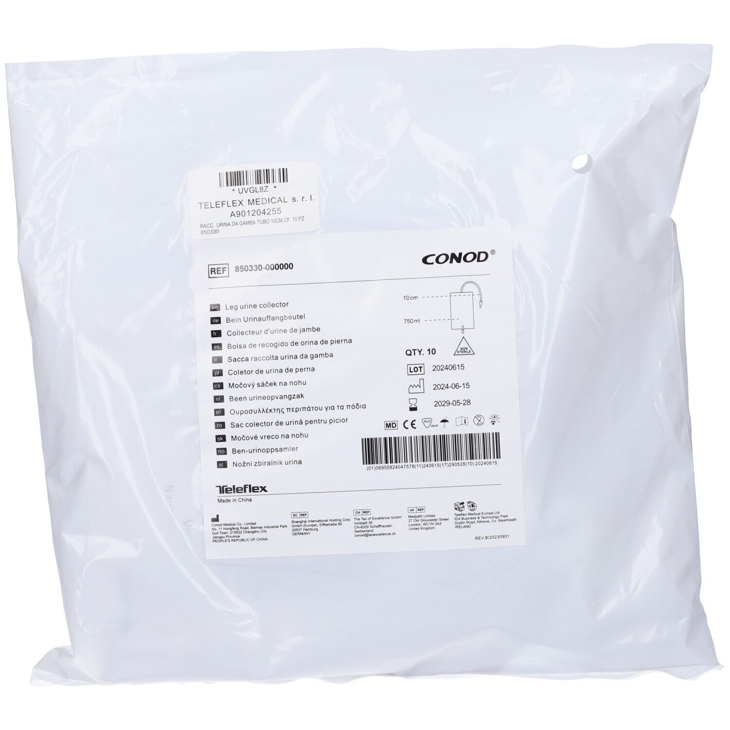 Sacca Raccogli Urina Da Gamba 750ml Tubo Raccordo 10 Cm + Rubinetto Sc