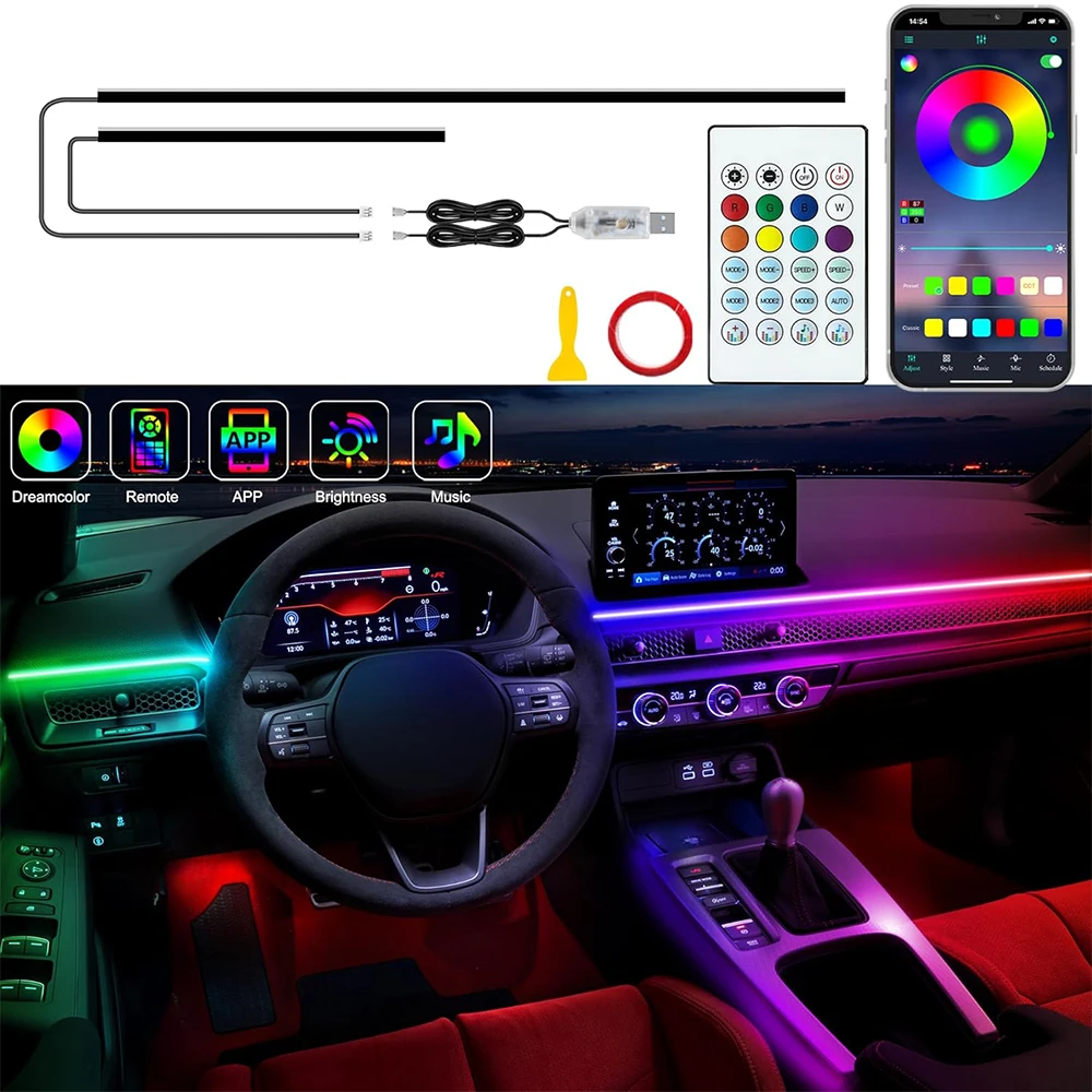 64 colors USB Car LED Ambient Light Acrylic Strips Dashboard Lights RGB Car Interior Hidden App Remote Control Atmosphere Lamp