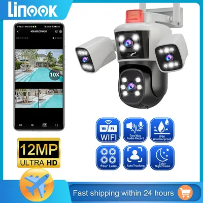 Linook WiFi surveillance camera, 12MP, 6K, 360,3 lenses, CCTV outdoor WiFi camera, IP camera, PTZ security camera
