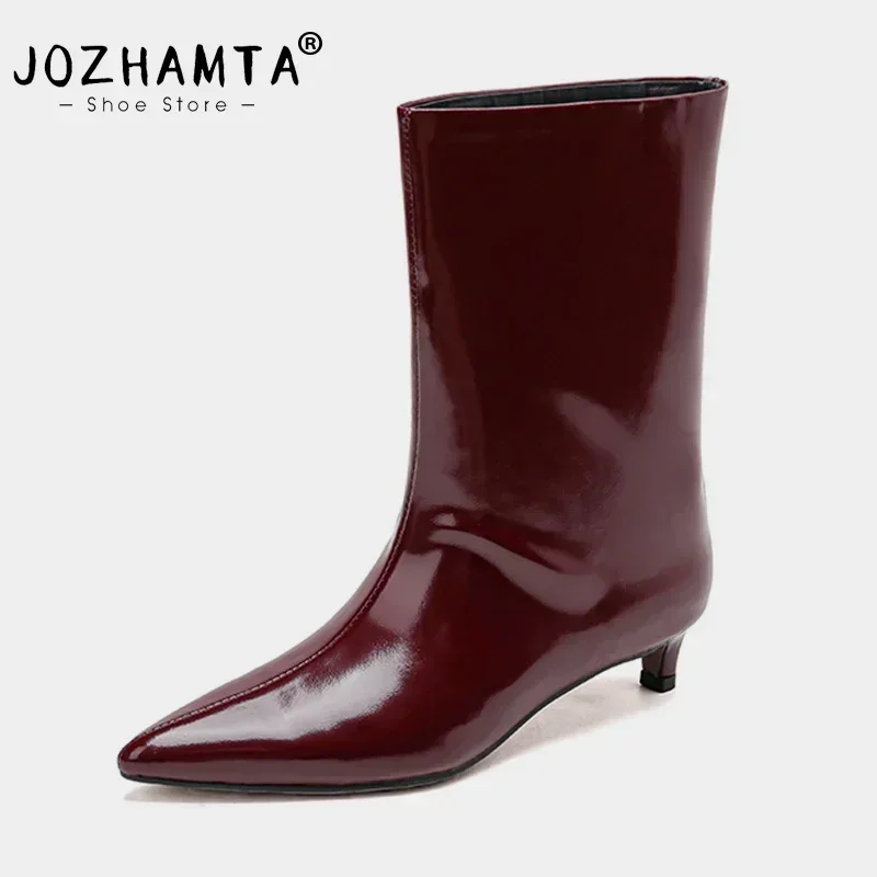 JOZHAMTA Size 34-43 Women Ankle Boots Real Leather Kitten Mid Heels Shoes 2025 Winter Fashion Pointy Office Lady Daily Dress