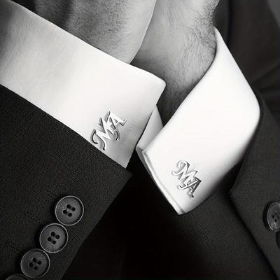 TEMU A Pair Of Customized Two-letter Stainless Steel White Golden Personalized Simple Two- Letters Cuff Clips Men's Suits Shirts Wedding Business Suit Jewelry