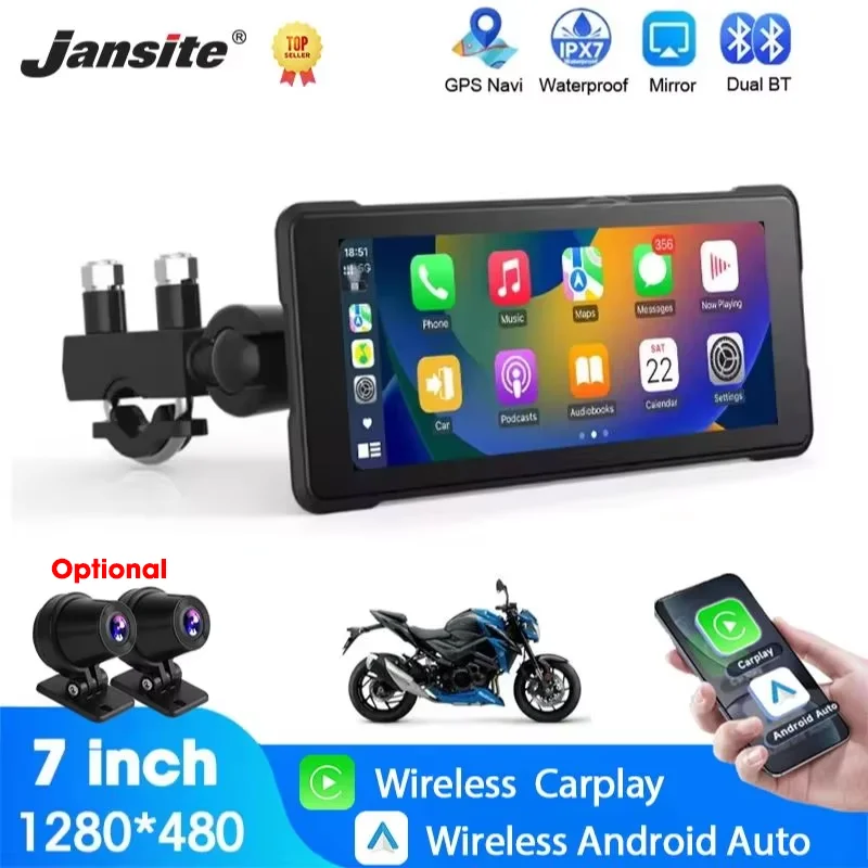 Jansite 5/7 Zoll Carplay Motorrad DVR GPS-Navigation Drahtloses Carplay Android Auto IPX7 Wasserdichtes Display Dual Bluetooth Image