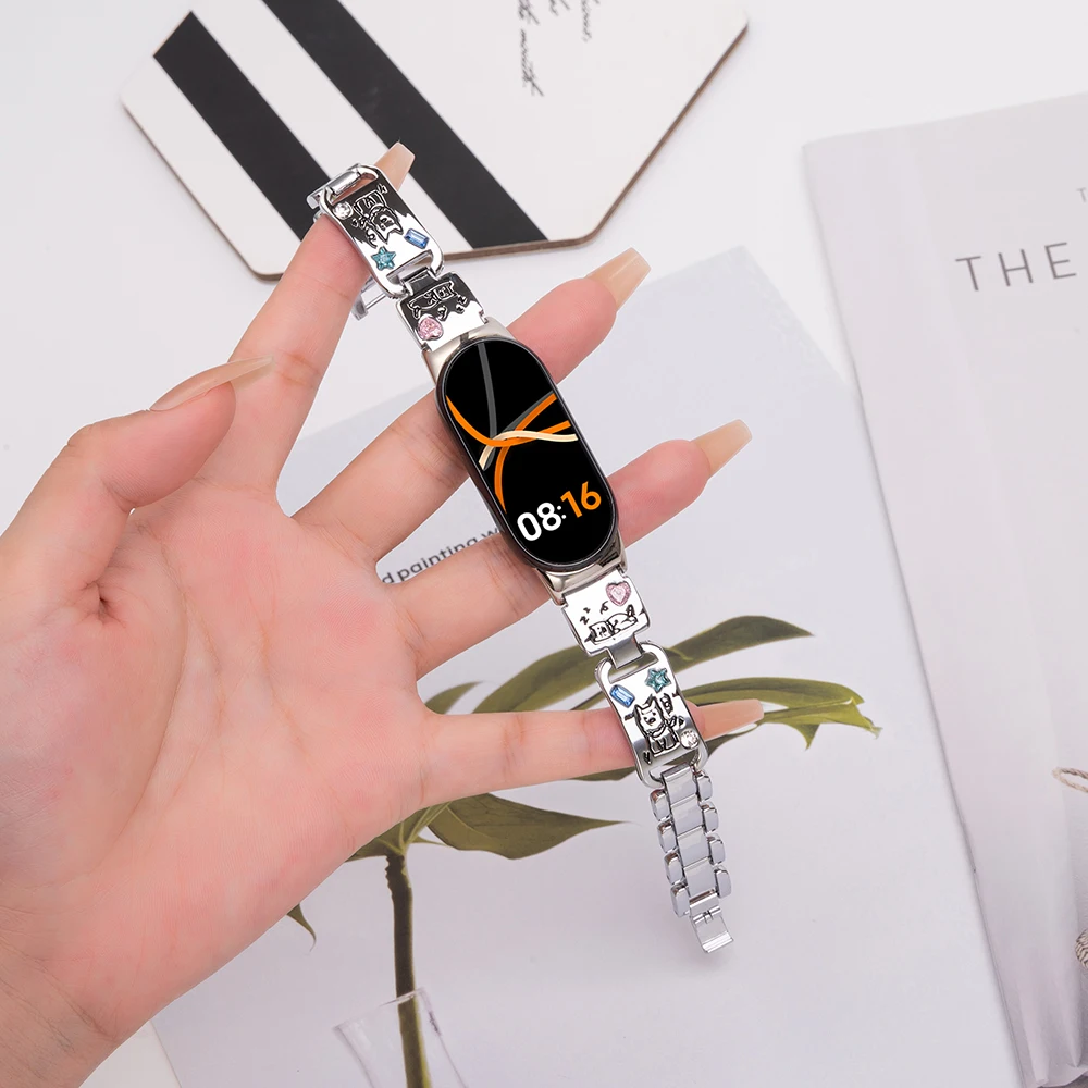 Süßes Metallarmband für Xiaomi Smart Band 8/9/10 Damen Smartwatch Armreif Armband für Mi Band 9, Zubehör, Hundemuster, Silber Image