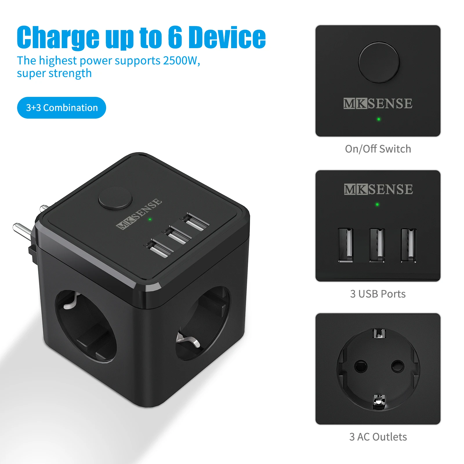 EU-Stecker elektrische Steckdosen leiste Würfel mit 3 Wechselstrom steckdosen 3 USB-Anschluss 2400W 5V 2,4 A Mehrfach steckdose mit Schalter für zu Hause ohne Kabel Image
