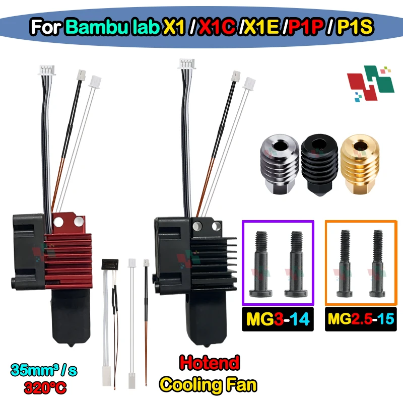 Bambu Lab X1/X1C/P1P/P1S Metall Hotend mit Lüfter, gehärtetes Messing, Kupfer, 0,2/0,4/0,6/0,8 mm Düse, 3D-Drucker Image
