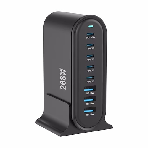 Caricabatterie USB multiporta da 268 W, caricabatterie rapido USB C, hub stazione di ricarica a 8 porte, adattatore di alimentazione per caricabatterie GAN compatto e veloce