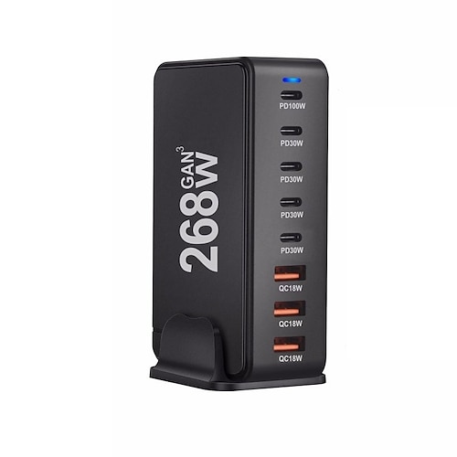 Caricabatterie da tavolo gan da 268 W Caricabatterie USB tipo C PD a 8 porte Caricabatterie rapido USB tipo C 3.0 Caricabatterie USB mobile
