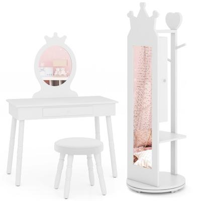 Costway Kids Room Furniture Set Princess Vanity Table and Stool Set with Mirror and Drawer-White