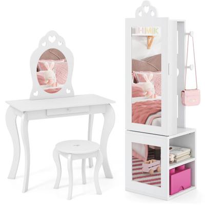 Costway Princess Vanity Table and Stool Set Freestanding Jewelry Cabinet Armoire with Full-Length Mirror-White
