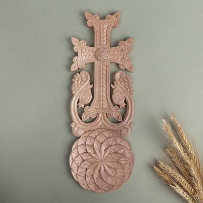 Flower of Devotion,'Handmade Floral Walnut Wood Cross Wall Accent from Armenia'