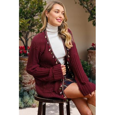 Red Tassel Long Sleeve Open Front Cardigan