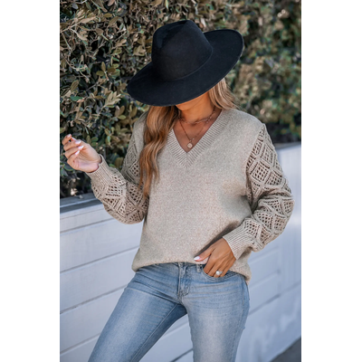 Khaki V-Neck Crochet Sleeve Jumper