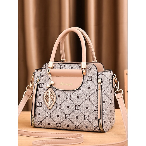 elegante Damenhandtasche aus Kunstleder mit roten Akzenten und Blattgold-Anhänger – Designer-inspirierte Umhängetasche mit verstellbarem Riemen