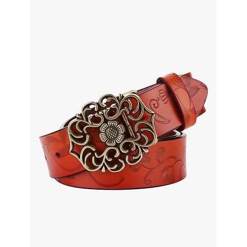 Roter Ledergürtel für Damen mit floral geschnitzter Vintage-Schnalle – Accessoire im Western-Boho-Stil