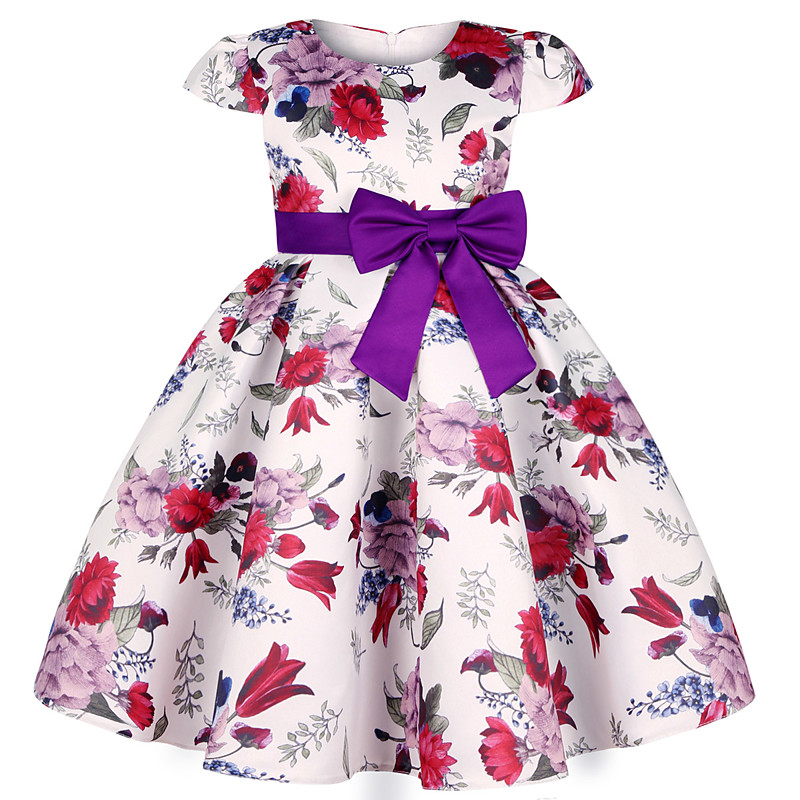 Kids Girls' Dress Party Dress Flower Short Sleeve Performance Christening dress Tie Knot Princess Polyester Midi Party Dress Summer Spring 3-10 Years claret Multicolor Color blue