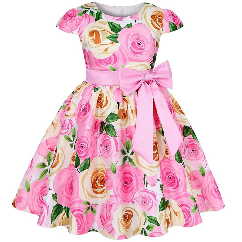 Kids Girls' Dress Party Dress Flower Short Sleeve Performance Christening dress Tie Knot Princess Polyester Midi Party Dress Summer Spring 3-10 Years claret Multicolor Color blue