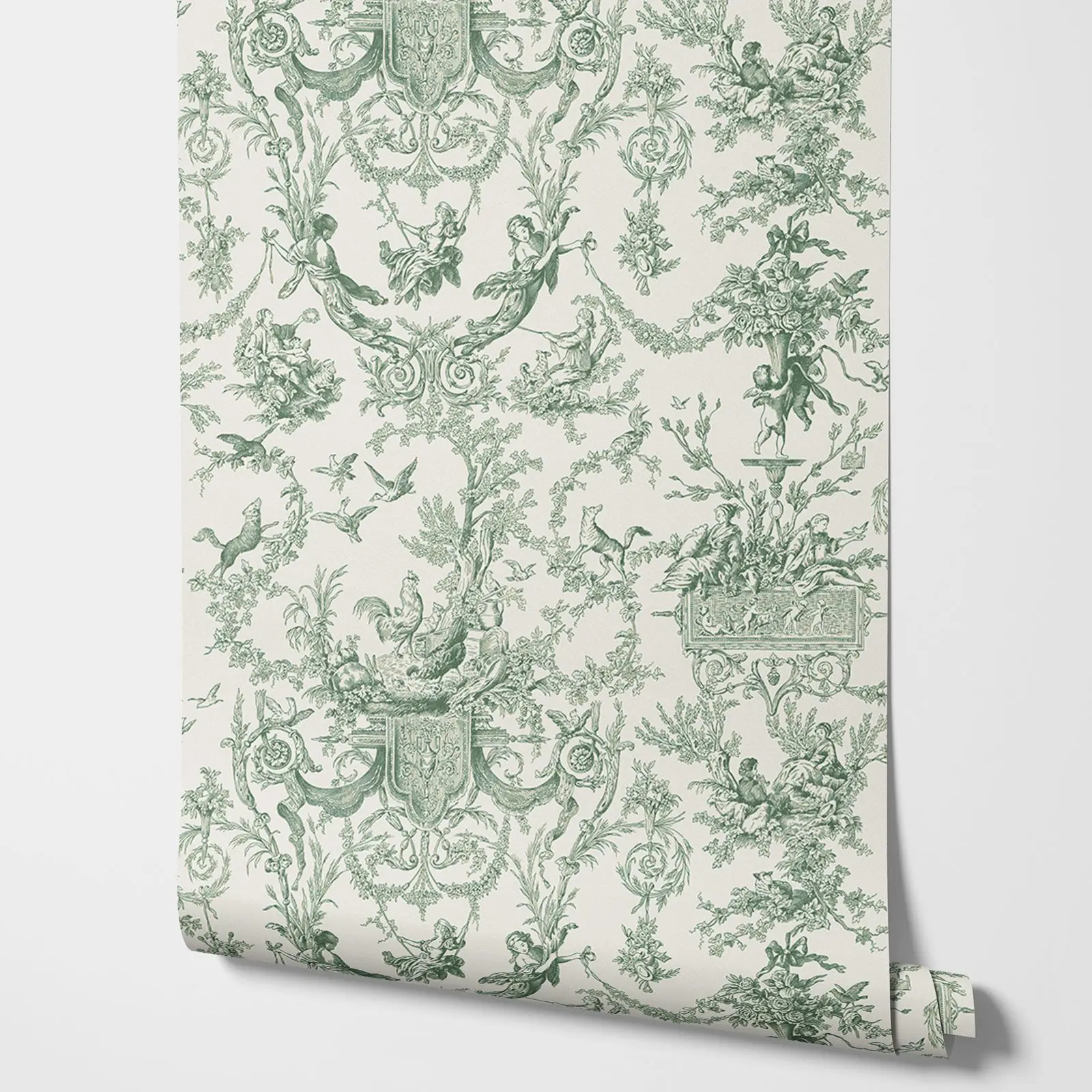 Vintage grüne Toile Tapete, Vintage Girlanden von Blumen toile de Jouy Tapete in grün und beige backolor