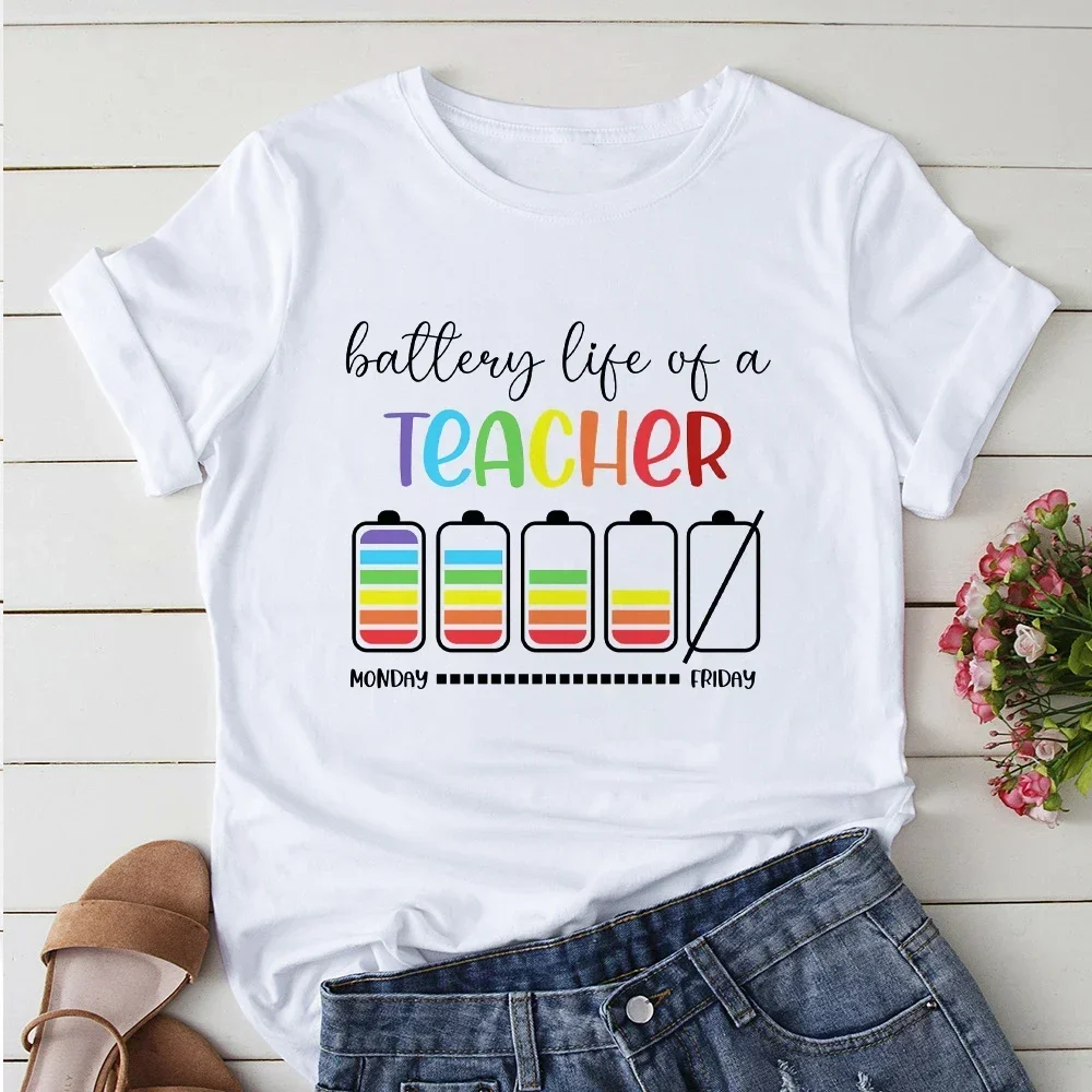 Farbige Akkulaufzeit eines Lehrers Montag zu Freitag Grafik druck T-Shirt Frauen weiß Kurzarm T-Shirt Harajuku Straße trägt