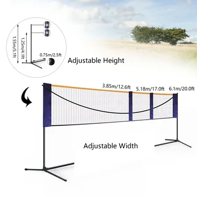 20FT Adjustable Height Portable Standard Badminton Net Set Double Court for Volleyball Tennis