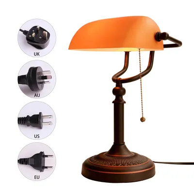 Matted Orange Glass Bankers Desk Lamp with Pull Chain Switch Plug in Fixture living room bedroom