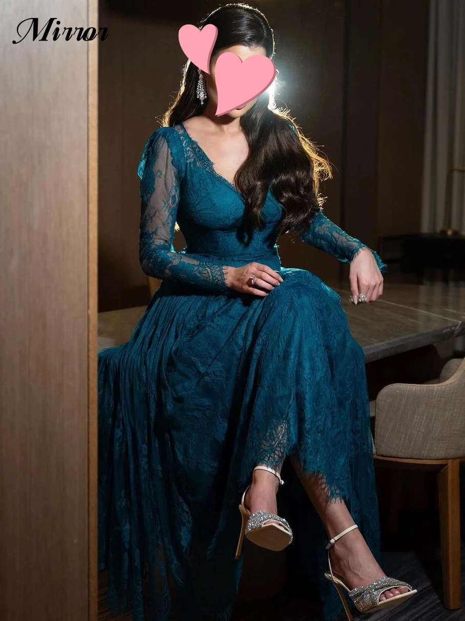 Spiegel kleid elegante Vintage sexy Spitze Pfau blau V-Ausschnitt A-Linie maßge schneiderte formale Gelegenheit Ballkleid Abend Party kleider