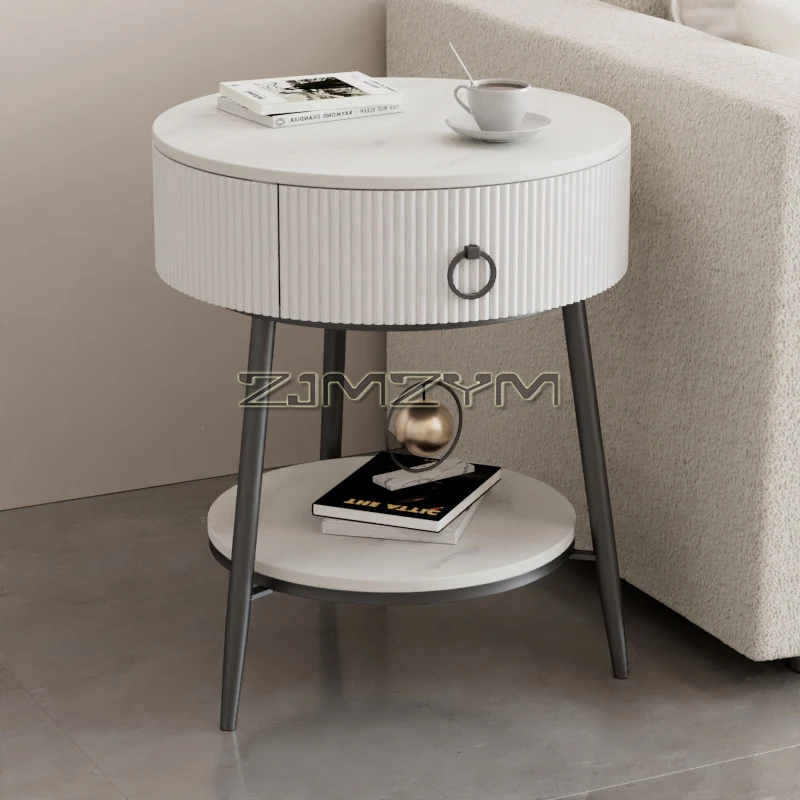 Runder Beistelltisch 50cm Steinplatte Akzenttisch Mit Aufbewahrungsschublade Goldener Metallrahmen Wohnzimmer Sofa Beistelltisch