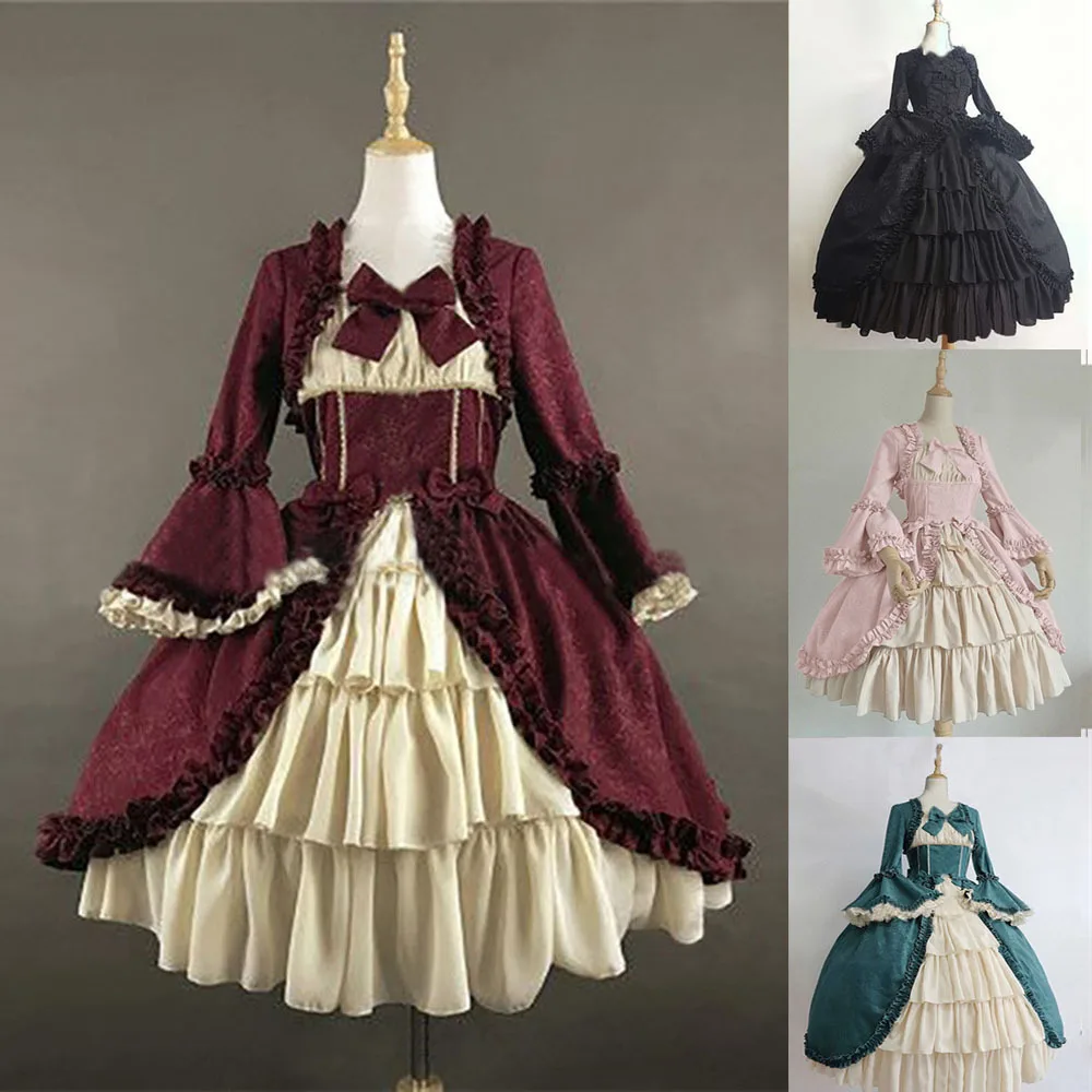 Frau Vintage Gothic Court Kleid Bogen Lolita Kleider mittelalter lichen quadratischen Kragen Taille umarmen Nähte plus Größe Rüschen Kleid