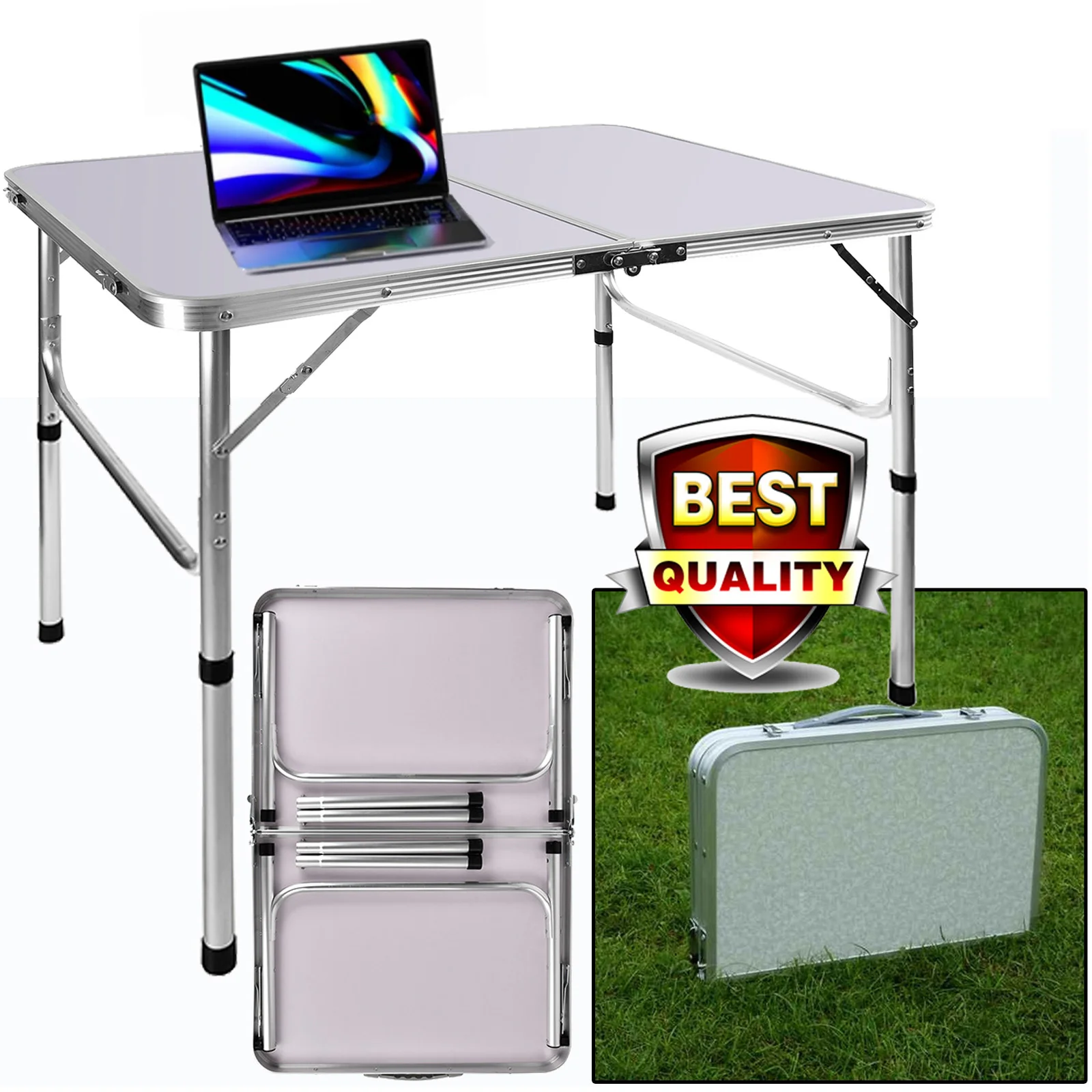 EFAN 3 ft/90 cm Aluminium-Klapptisch, tragbarer Computertisch, Camping, Outdoor, Picknick, Partytisch, 2 Gänge, höhenverstellbar, 67/37 cm