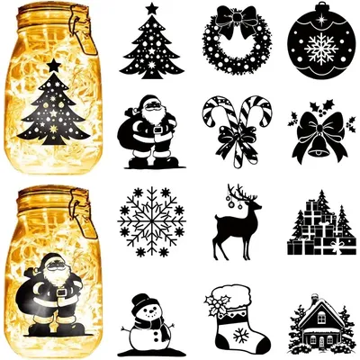 12 Stück Weihnachts silhouetten Einmach glas Dekor PVC Laser gestanzt für Gläser Laterne matti ertes Image