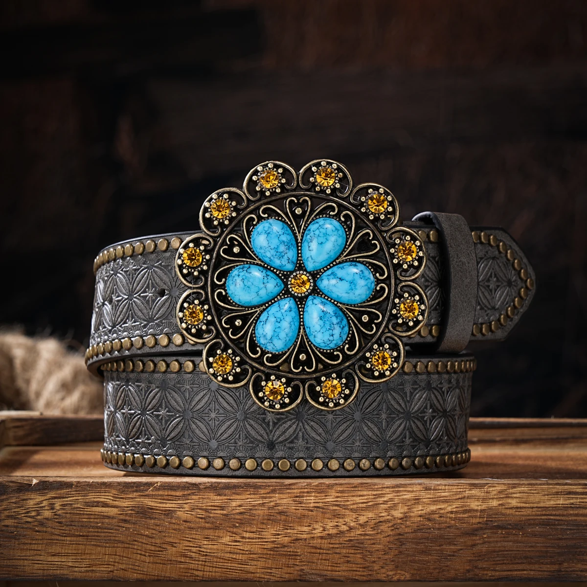 Herren- und Damen-Western-Cowboy-PU-Ledergürtel – Vintage-Pferdegürtel mit floraler Gravur und Schnalle für Jeans Image