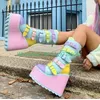 Dame Regenbogen bunte Plattform y2k Mary Janes Stiefel Muti-Schnalle Riemen Landebahn Waden stiefel Schuh größe bunte elegante Stiefel 46