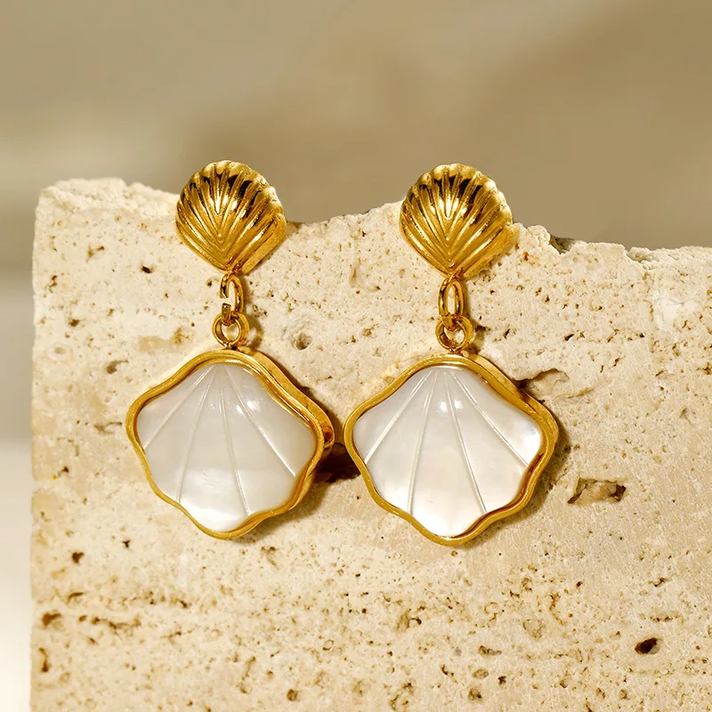 EILIECK 316L Edelstahl Weißer Stein Muschel Ohrringe Für Frauen Mädchen Mode Ohr Baumeln Schmuck Urlaub Geschenk Bijoux Alem Image