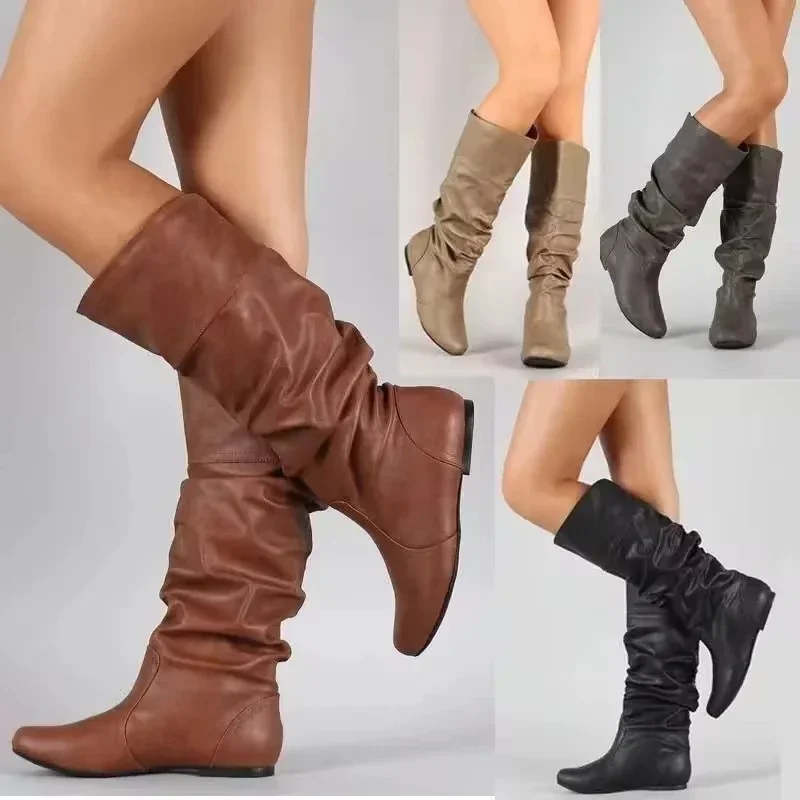 2025 neue Frauen Flache Stiefel Mode Plissee Leder Stiefel Herbst Winter Slip auf Mid-Kalb Schuhe für Frauen Marke Designer hohe Stiefel