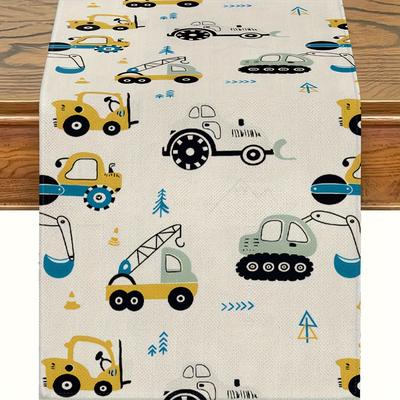 TEMU Polyester Construction Vehicle Table Runner – Machine Made Decorative Tablecloth For Home, Kitchen, Indoor & Outdoor Use – Charming Cartoon Excavator Design For General Occasions, 1 Piece