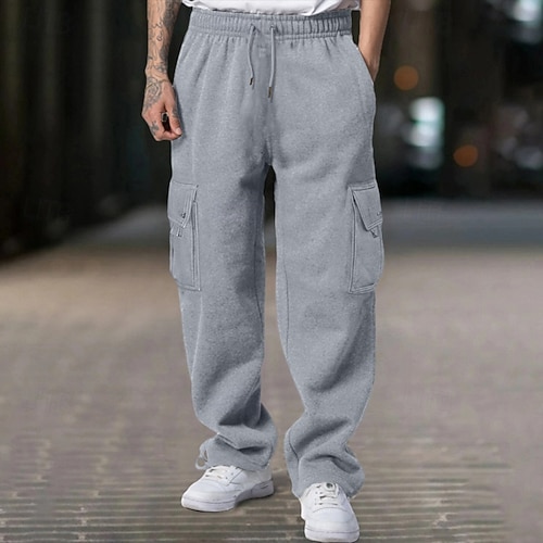 Herren Cargo-Jogginghose Jogginghose Fleecehose Hose Kordelzug Elastischer Bund Mehrere Taschen Einfach Komfort Warm Volle Länge Lässig Täglich Outdoor Sport Mode Schwarz Königsblau Image