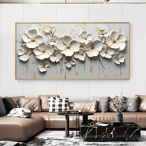 handgefertigtes Original-Ölgemälde mit 3D-Texturblumen auf Leinwand, abstrakte weiße Blumenwandkunst für die Inneneinrichtung mit gespanntem Rahmen ohne Innenrahmen Image