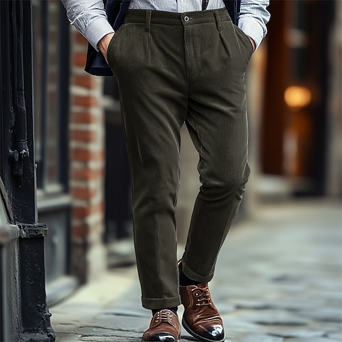 Herren Anzughosen Cordhose Hose Hosen Anzughose Tasche Gerade geschnitten Glatt Komfort Weich In voller Länge Party Geschäft Täglich Modisch Strassenmode Schwarz Grün Image