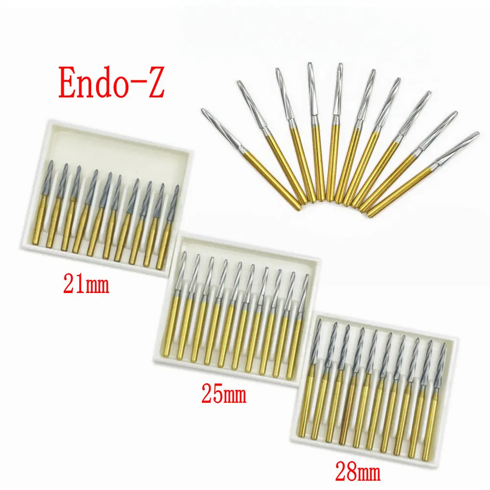 10 pz/scatola frese dentali diamantate FG ad alta velocità per lucidatura frese dentali leviganti 1.6mm endo-z 21mm/25mm/28mm