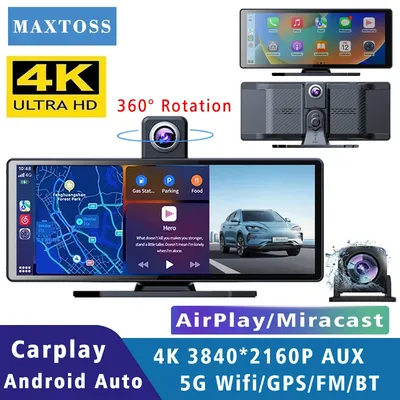 Dash Cam 4K 2160P 10,26" Carplay & Android Auto Auto DVR Video Drive Recorder Stream Dahscam Kamera 5G Wifi GPS FM 360 ° Rotation