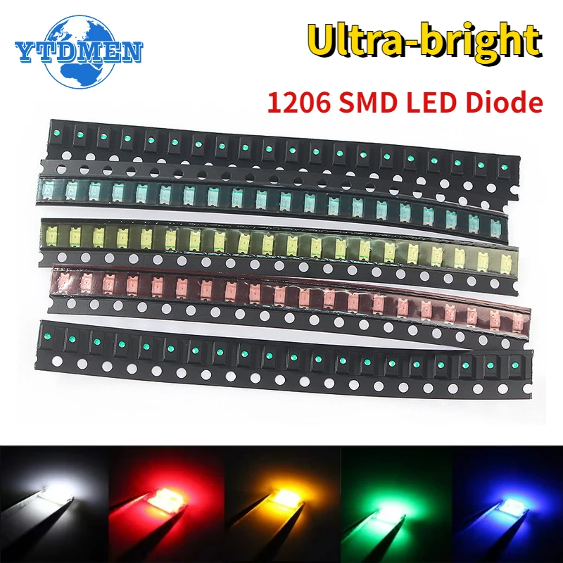 100 Stück 1206 SMD LED, ultrahell, weiß, rot, blau, gelb, grün, Leuchtdiode, DIY-Elektronik-Set Image