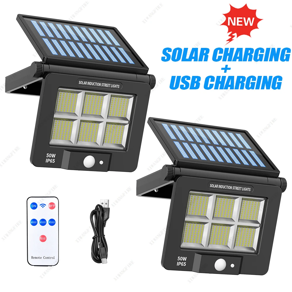 Neue LED-Solarleuchte für den Außenbereich, wasserdicht, mit Bewegungsmelder, Flutlicht, Fernbedienung, 3 Modi für Terrasse, Garage, Hinterhof, Solarlampe Image