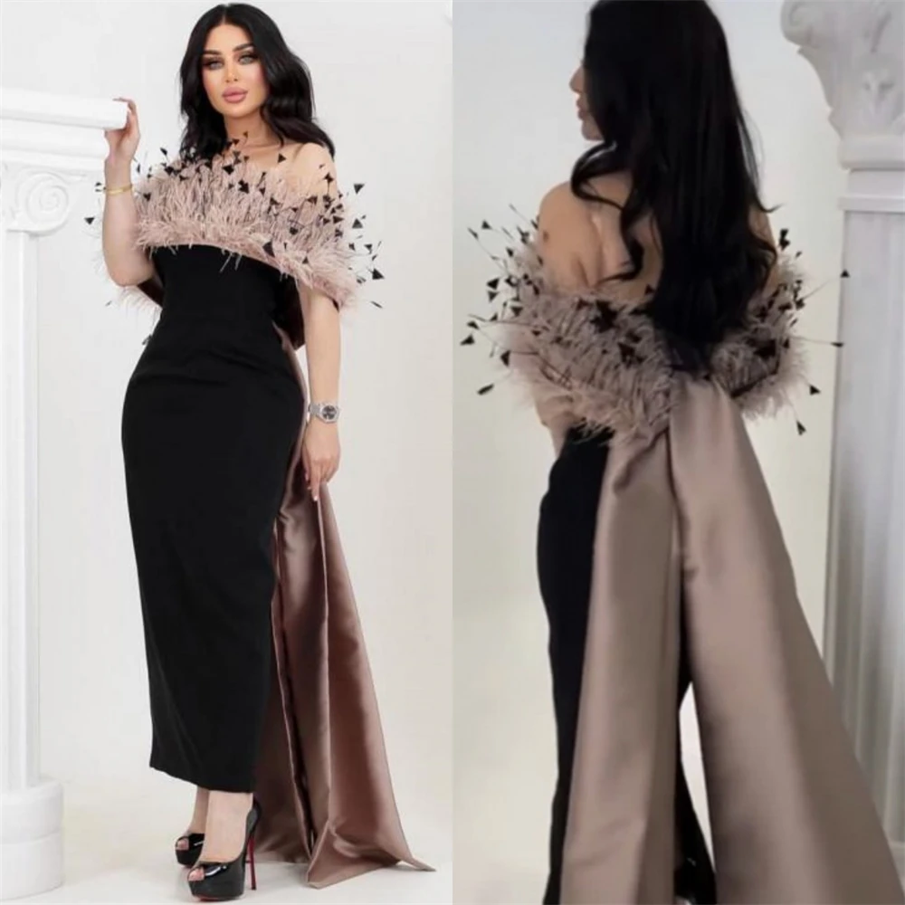 Customized es High Quality Off-the-shoulder Sheath Celebrity Feathers Draped S Occasion Evening Gown arabic evening dress