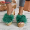 Aphixta Pelzigen Grüne Keil Plattform Rutschen frauen Schuhe 9cm Hausschuhe Flip-Flops Heels Schuhe Strand Sandalen Plus Größe 43