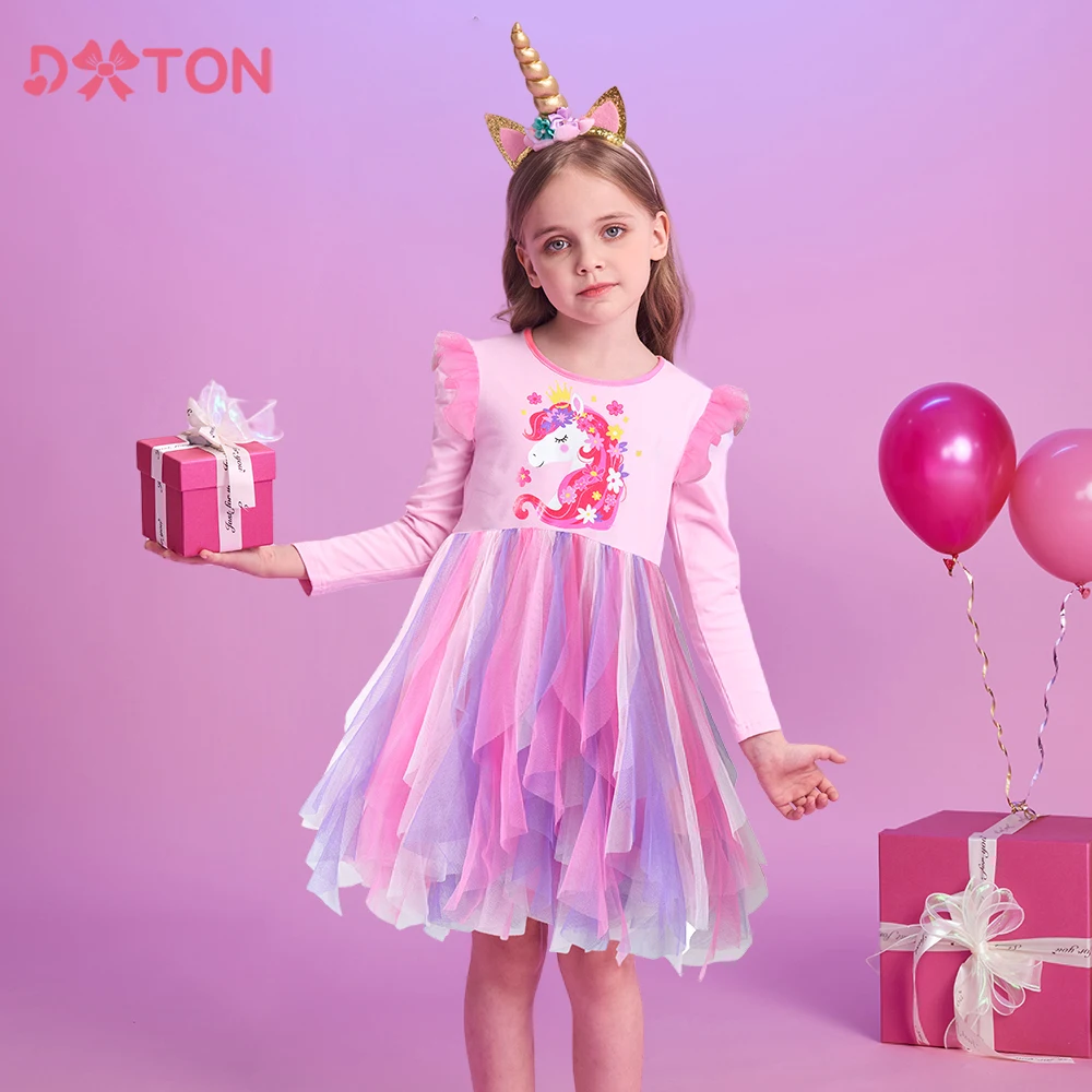 Dxton neue Prinzessin Kleid Herbst Mädchen Langarm Kleid unregelmäßige Mesh Kinder Kleider Einhorn Blumen Kinder Party Kleidung Image