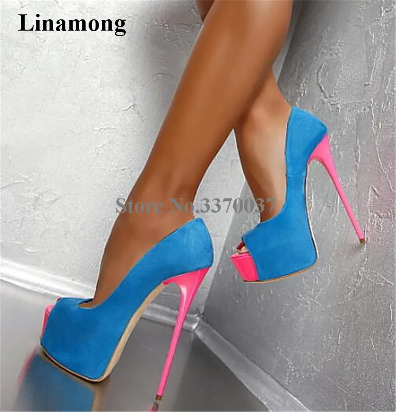 Marke Design Frauen Sexy Peep Toe Blau Wildleder Denim Hohe Plattform Pumpen Slip-on Patchwork Rosa Ferse Schuhe Kleid high Heels