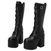 Plattform Kniehohe Stiefel Frauen Herbst Winter Punk High Heels Zipper Schwarz Weiß Boot Sexy Schnalle Party Goth Schuhe Große Größe