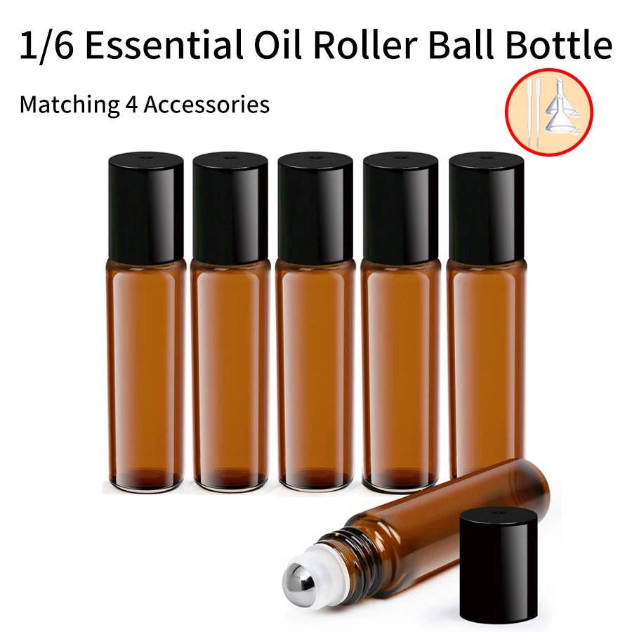 1/6 Stück + 4 Zubehör Rollerball-Flaschen für ätherische Öle, 6 bernsteinfarbene Glasflaschen mit 6 Rollerball-Flaschen, 2 Trichter, 2 Strohhalme Image