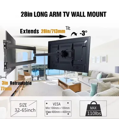 70cm Extension Long Arm TV Wall Mount, 32-65inch Full Motion TV Wall Bracket Swivel Tilt Level