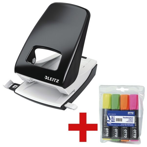 Leitz Registraturlocher »5138 NeXXt« inkl. 4er-Pack Textmarker »Highliner« schwarz, 13.7x13.5x15.6 cm Image