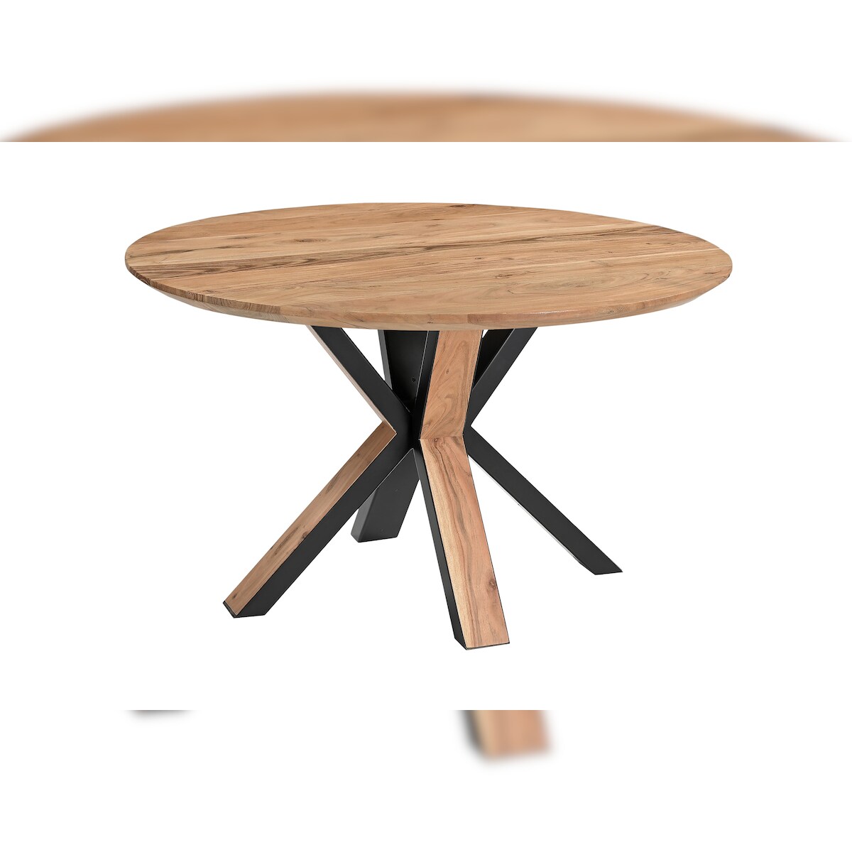 Runder Esszimmertisch Akazie naturfarben Schweizer Kante 120 cm Spider-Gestell schwarz aus Metall + Holz KIMBERLY Image